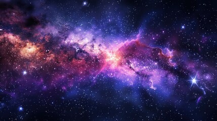 Naklejka premium A vibrant nebula with swirling clouds of gas and dust, illuminated by distant stars in a dark, star-filled sky.