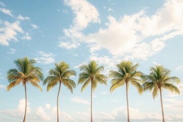 Fototapeta premium Tall Slender Palm Trees against Blue Sky with Clouds in Tropical Paradise