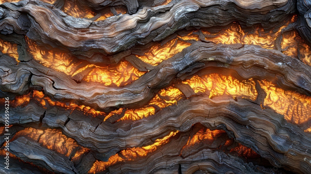 Aufkleber close-up of a tree trunk with a glowing orange resin inside, highlighting the wood's texture and int