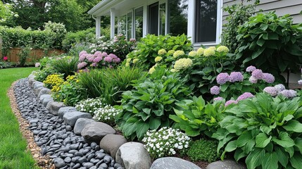 Landscaped Garden with Flowers and Stones
