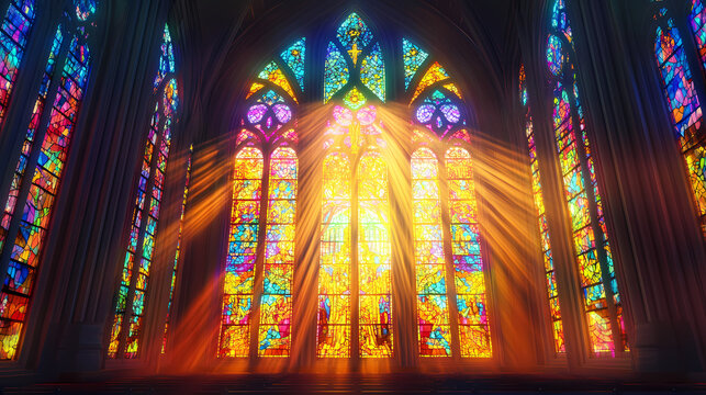 3d rendering of an old church stained glass window with sun rays. Stained Glass Cathedral. Illustration