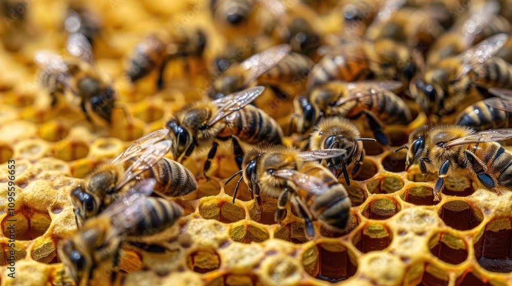 Poster close-up of honeybees working on a honeycomb, showing their intricate patterns and teamwork.