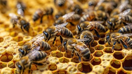 Close-up of honeybees working on a honeycomb, showing their intricate patterns and teamwork.