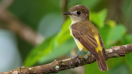 A small, brown and yellow bird perches on a branch in a green forest.