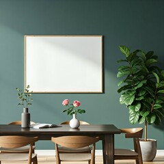 Modern dining room with wooden furniture, a large potted plant, and a blank framed canvas on the wall. A vase with flowers and a small book are on the table.