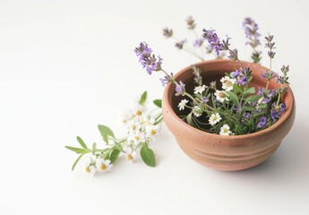 Fresh wildflowers in a clay pot, showcasing delicate white and purple blooms with green leaves. Nature and home decor concept.