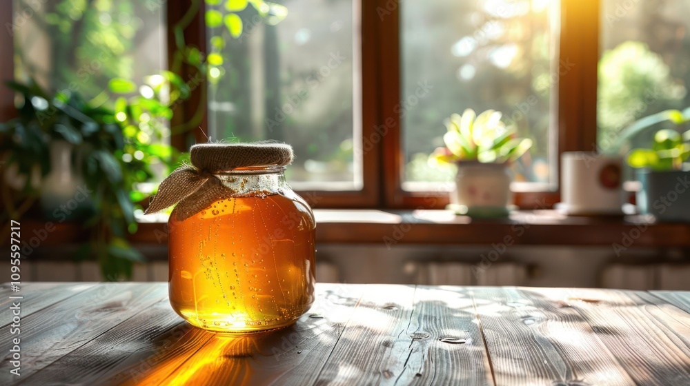 Poster a jar of honey sits on a wooden table in front of a window with sunlight streaming through.