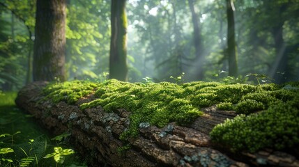 Fototapeta premium A fallen log covered in lush green moss with sunbeams filtering through the forest canopy.