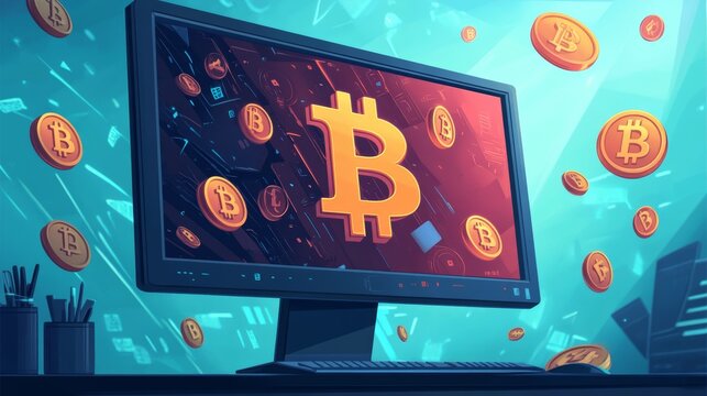 Cryptocurrency Concept Bitcoin Coins Flying Around Computer Monitor On Office Desk, Blue Background
