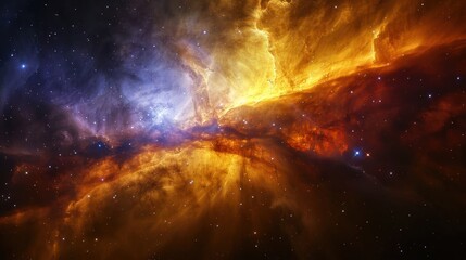 A cosmic nebula with vibrant colors and a bright star in the center, surrounded by a dark and starry background.