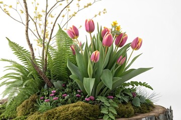 Obraz premium Spring Floral Arrangement with Tulips and Greenery, foliage, nature photography, spring flowers