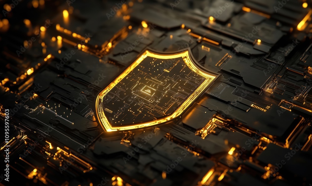 Poster digital shield symbolizing cybersecurity, glowing in golden hues against a dark circuit board backgr