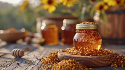 Jars of honey with pollen on a rustic wooden table with sunflowers in the background.