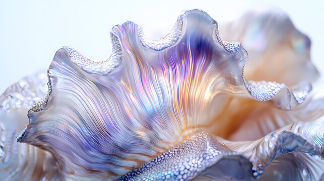 Vibrant close-up of an open clam shell reveals intricate textures and patterns on its pearly interior against a pristine white background. Iridescent Pearl Shells. Illustration
