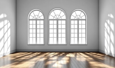Fototapeta premium white empty room with shadow window and green plant on white wall luxury background and wooden floor 