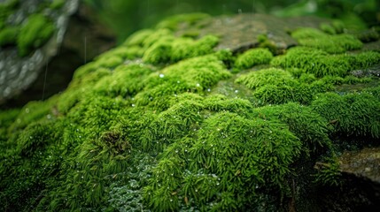 Closeup of vibrant green moss growing on a rock, covered in raindrops.