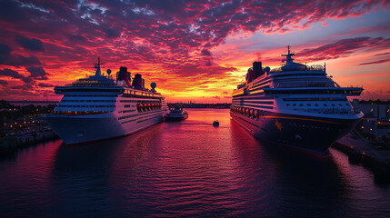 Sunset view of two cruise ships docked in port with vibrant sky colors