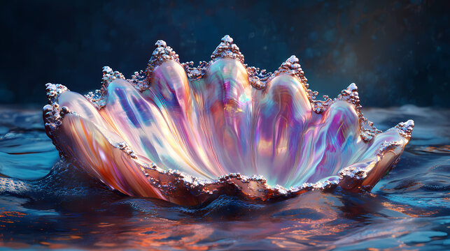 Pearl shell resembling a majestic crown, pearl, shell, crown, beautiful, majestic, ocean, underwater, marine life, luxury. Iridescent Pearl Shells. Illustration