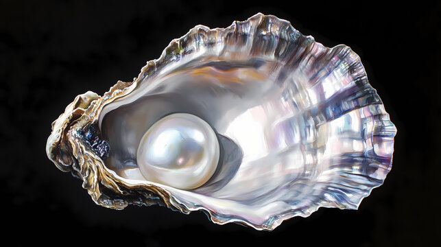 Hyperrealistic oil painting of an oyster shell with pearl against a black background. Iridescent Pearl Shells. Illustration
