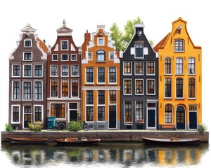 Fototapeta premium Charming Dutch houses by canal. This image is ideal for travel, architecture, and cityscape projects.