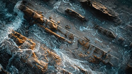 An aerial view of the ocean crashing against a rocky coastline.