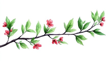 Branch with pink flowers and green leaves. Perfect for spring, nature, and floral design projects.