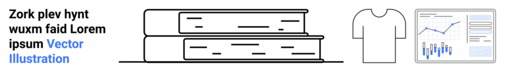 Two stacked books, a plain T-shirt, and a digital graph. Ideal for education, e-learning, data analytics, online shopping, e-commerce, retail. Landing page
