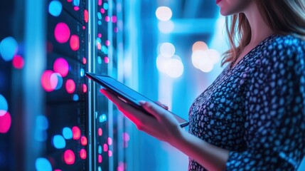 Woman Using Tablet While Analyzing Data in Modern Server Room with Colorful LEDs and Blurred Background for Tech and Business Themes