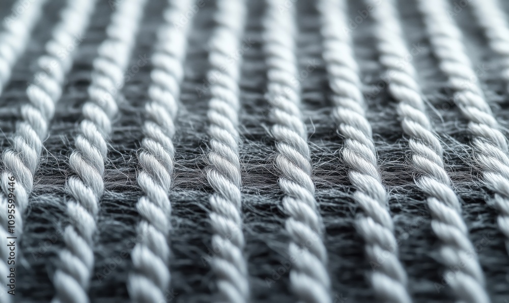 Poster textured white rope strands on gray background, close-up view showcasing intricate details and patte