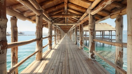 Fototapeta premium Wooden walkway over water leading to a small island.