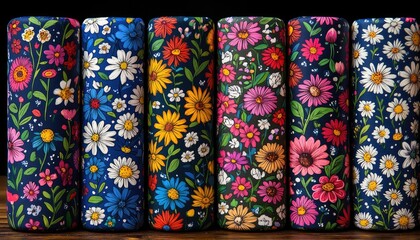 Hand-painted flower pattern on cylinders. Use this image to show colorful and creative designs in craft or home decor projects.