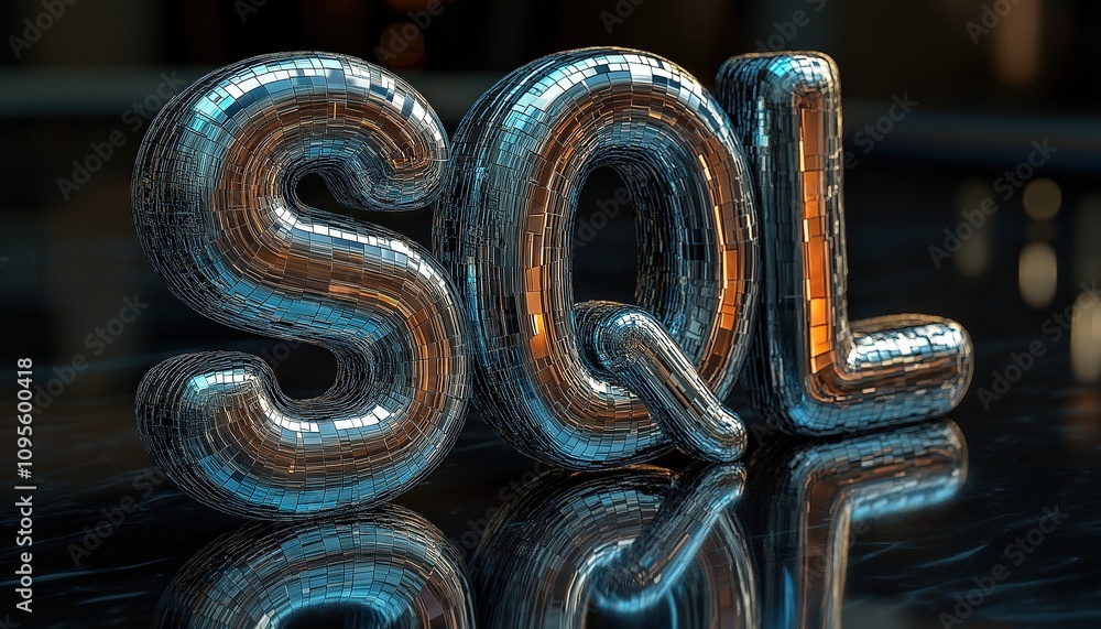 Poster disco-inspired 3d text concept representing sql database