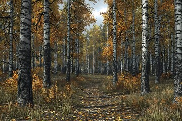 Fototapeta premium A serene autumn landscape featuring a pathway through a tranquil birch forest. The scene is adorned with vibrant orange and yellow leaves, creating a warm, inviting atmosphere.