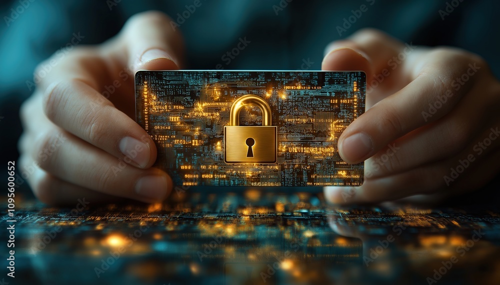 Poster secure digital card with lock symbol in hands