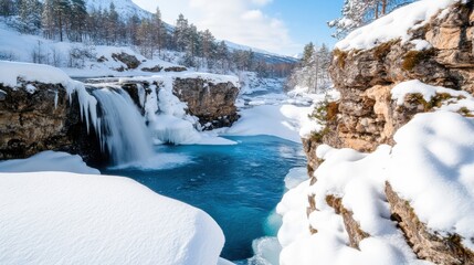 A breathtaking waterfall cascades through a snow-covered landscape, surrounded by tall trees, capturing the essence of winter's serene beauty in nature.