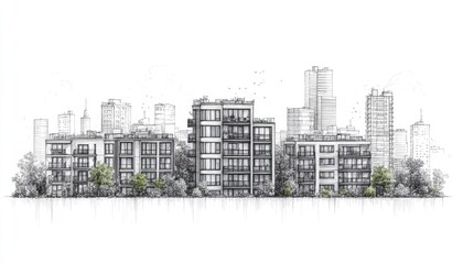 A sketch of city buildings with trees. This image is perfect for illustrating a story or concept related to urban living, nature, or architecture.