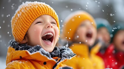 A young child, dressed in a bright orange winter jacket and yellow knitted hat, is laughing happily while surrounded by softly falling snowflakes outdoors.