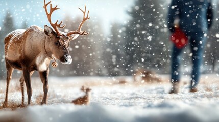 A solitary reindeer stands in a snowy wilderness, casting a cautious gaze toward an approaching human figure, enveloped by softly falling snow, highlighting nature's beauty.