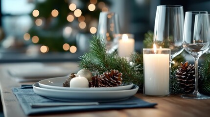 Set for a festive gathering, a dinner table features elegant dishware, pine branches, and lit candles, creating a serene holiday atmosphere perfect for celebrations.