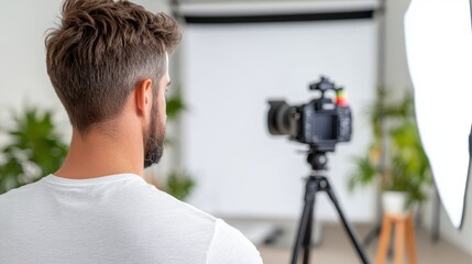 A photographer is positioned in a studio environment, focusing on a camera set up with a backdrop, preparing to capture a professional photograph. The room appears well-lit.