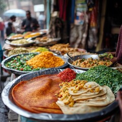 Fototapeta premium A vibrant street food market displays an array of colorful dishes, showcasing a variety of ingredients and traditional culinary delights.