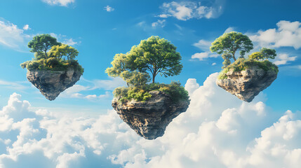 Obraz premium Floating islands with lush vegetation in a blue sky. Floating Mystic Island. Illustration