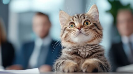 A charming kitten gazes intently forward, capturing attention with its focused expression, as it rests cutely on a surface, conveying stillness and poise indoors.