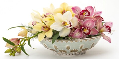Watercolor arrangement of orchid flowers in a decorative bowl, floral design, orchid arrangement, pastel colors, colorful blooms, beautiful flowers