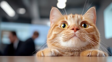 An adorable ginger cat with wide bright eyes curiously peeking over the desk in a modern office setting, blurred background with people working.