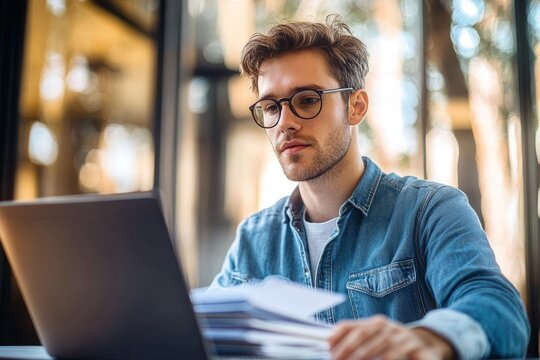 Young man with glasses doing paperwork at modern desk in sunlit office