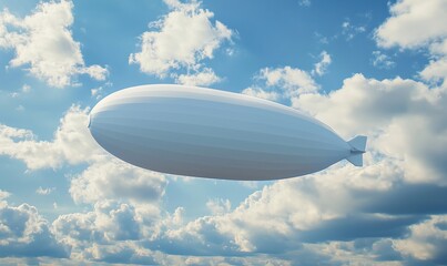Airship floating in blue sky with clouds, large white blimp, serene atmosphere, peaceful scene