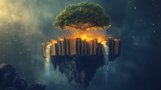 A floating island made of books and wisdom [glowing with mystical energy]. Floating Mystic Island. Illustration