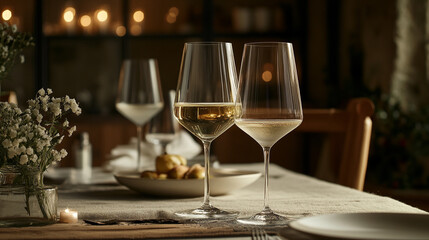 Romantic dinner setting for Valentine's Day with elegant glassware and soft candlelight ambiance