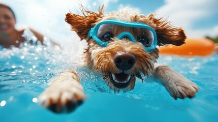A joyful dog with blue goggles energetically swims and splashes in a pool, radiating excitement, vigor, and the carefree joy of a sunny summer day.